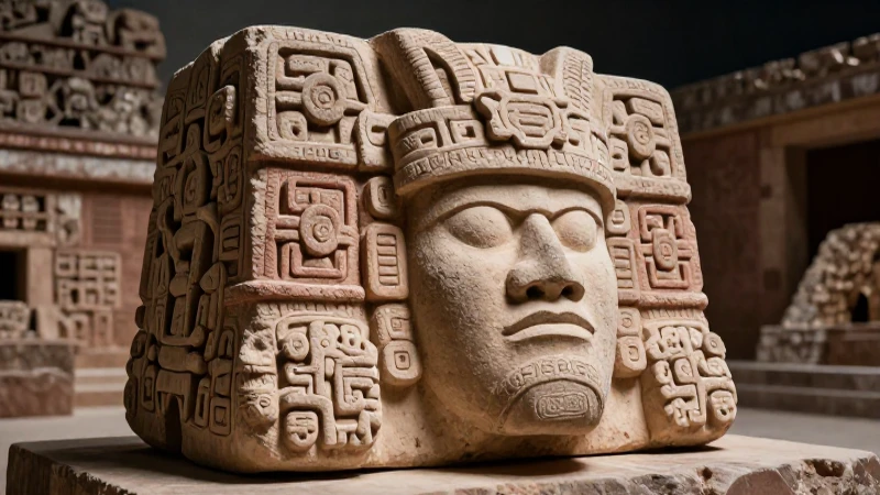 Escultura mesoamericana detallada en entorno arqueológico