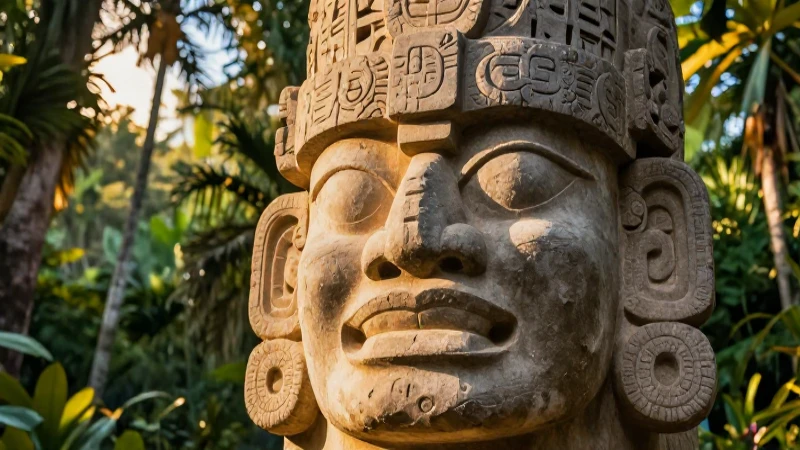 Cabeza olmeca detallada en selva al atardecer