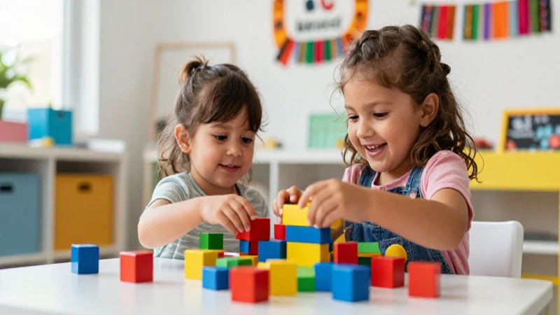 Programa educativo preescolar 3 años: aprende desde temprano 6 Niños felices jugando con bloques coloridos en un salón vibrante