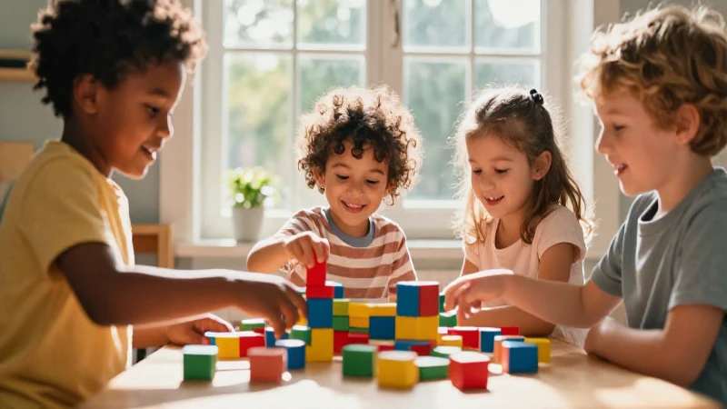 Preescolar: Actividades Divertidas para Aprender en Casa 4 Niños jugando con bloques bajo luz cálida
