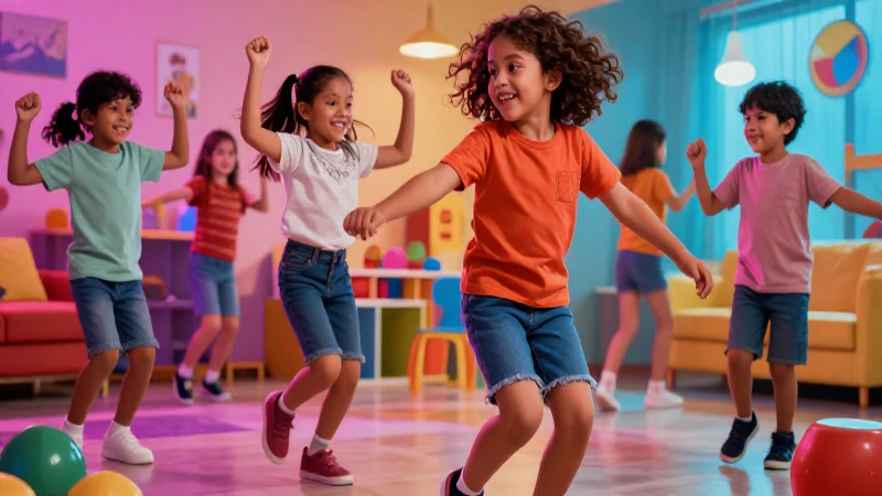 Preescolar: Actividades Divertidas para Aprender en Casa 8 Niños alegres bailan en un hogar colorido y brillante