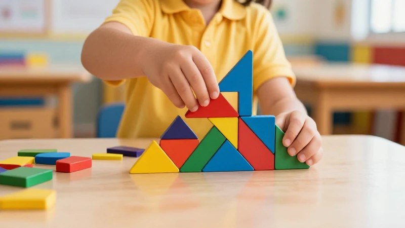 Niños arman tangrams coloridos en salón vibrante