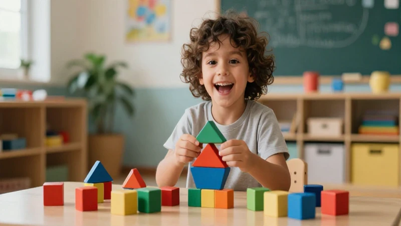 Niño feliz con bloques en aula moderna
