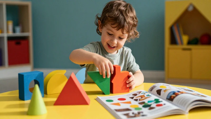 Niño feliz jugando con formas geométricas vibrantes