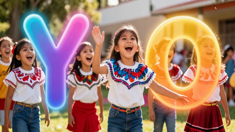 Ilustración vibrante de niños mexicanos cantando alegre