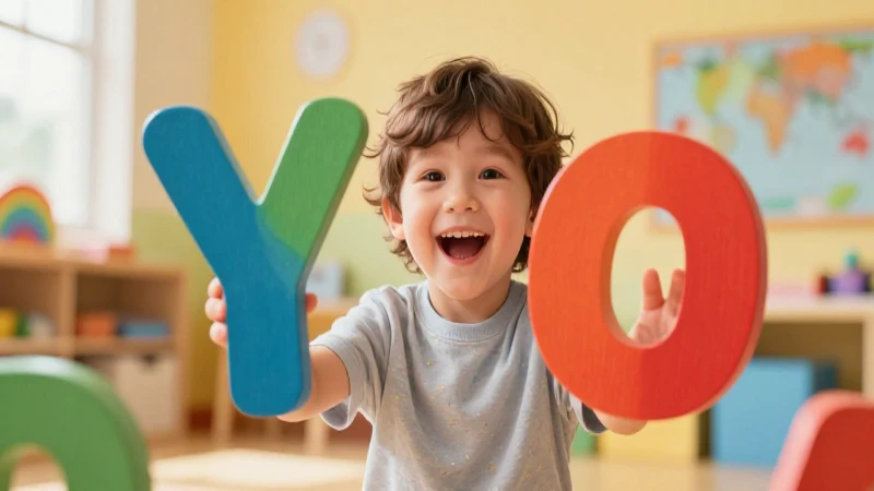 Niño feliz aprende letras vibrantes y coloridas