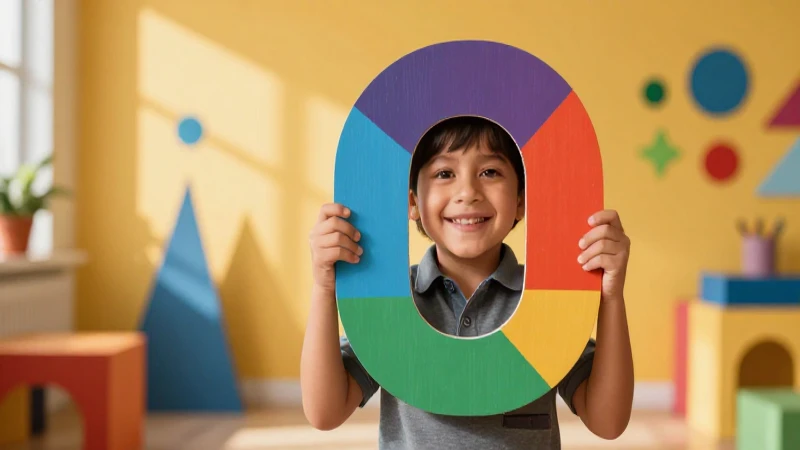 Niño sonriente aprende con letras geométricas vibrantes
