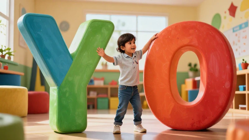 Niño feliz jugando con letras gigantes coloridas