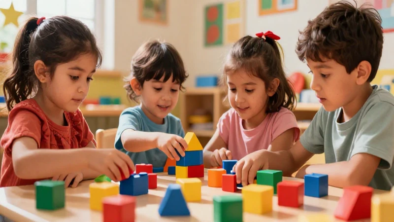 Niños modernos explorando bloques educativos vibrantes