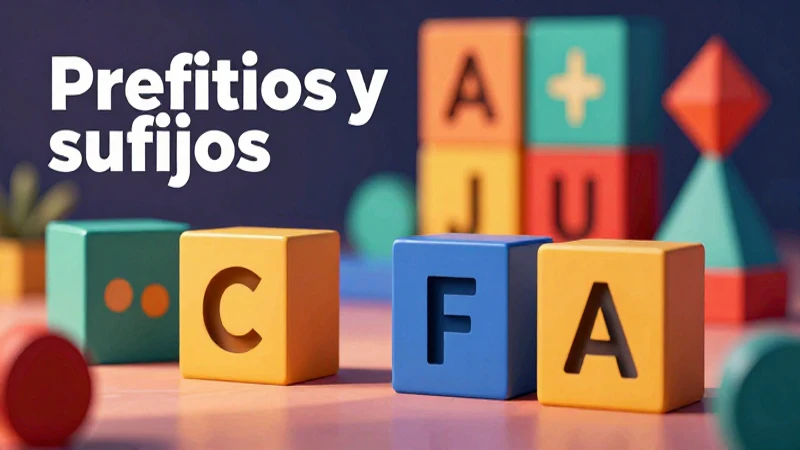 Ilustración educativa de prefijos y sufijos