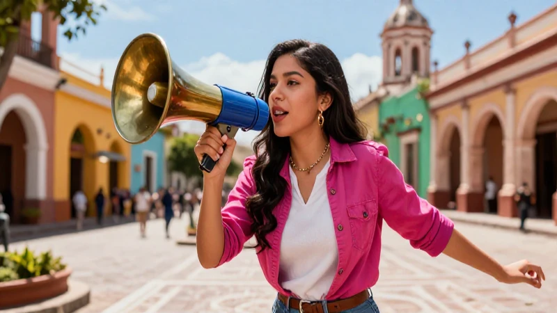Educador mexicano con megáfono en plaza colonial