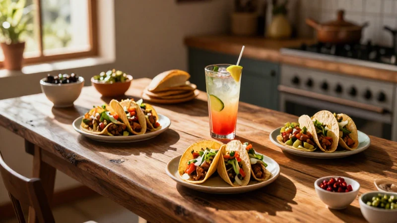 Tacos vibrantes y refresco en mesa rústica