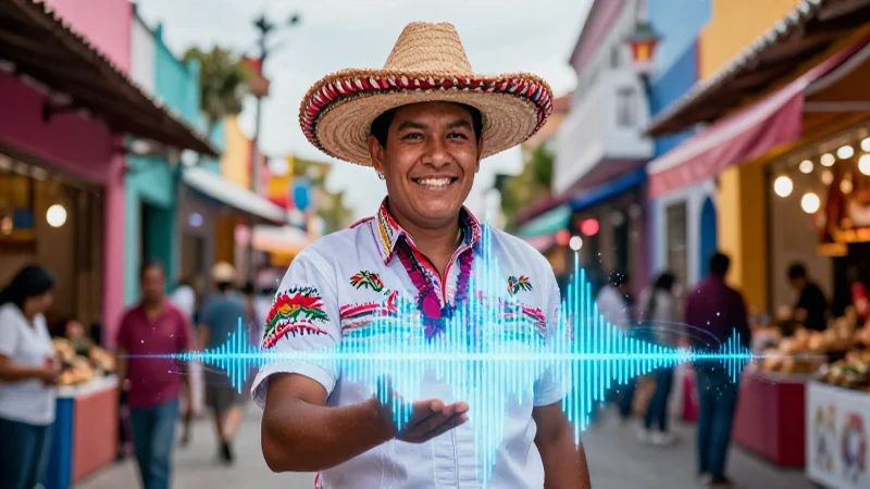 Vendedor mexicano en mercado futurista vibrante