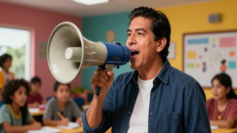 Educador mexicano vibrante con megáfono