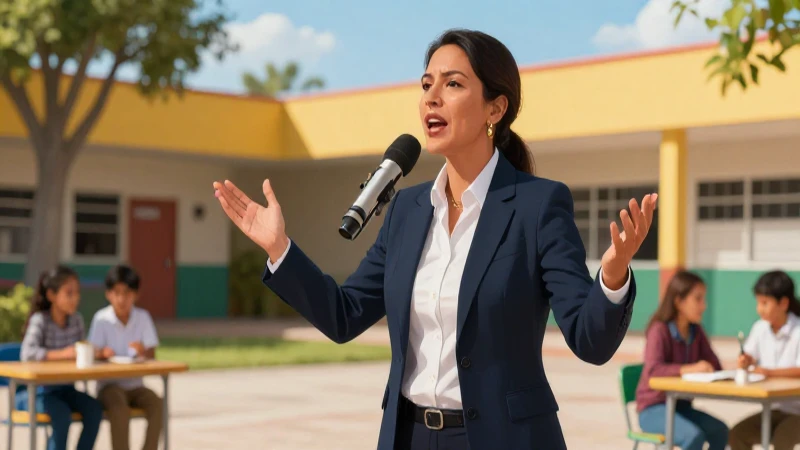 Educador mexicano vibrante proclamando en escuela