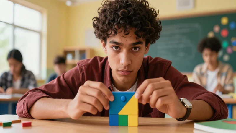 Joven profesional resuelve un enigma en un aula moderna