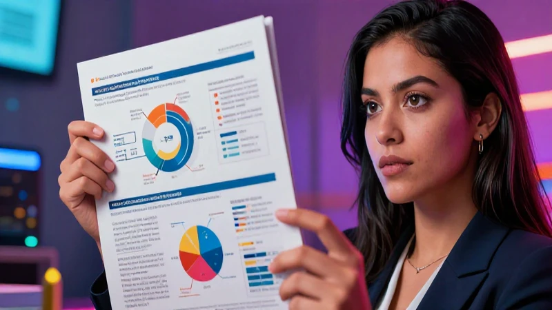 Docente latina analizando datos con estilo dramático