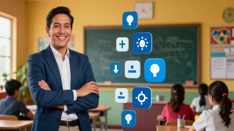Maestra moderna sonríendo en vibrante aula educativa