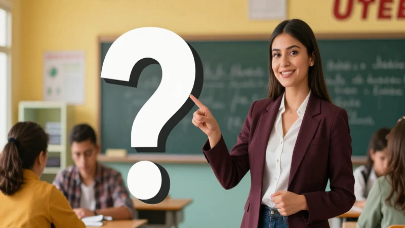 Joven educador señala signo de interrogación en clase