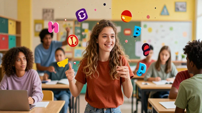 Estudiante diverso con símbolos de idiomas abstractos