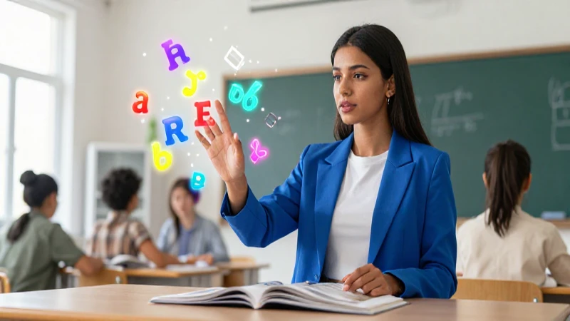 Maestra vibrante interactúa con símbolos luminosos