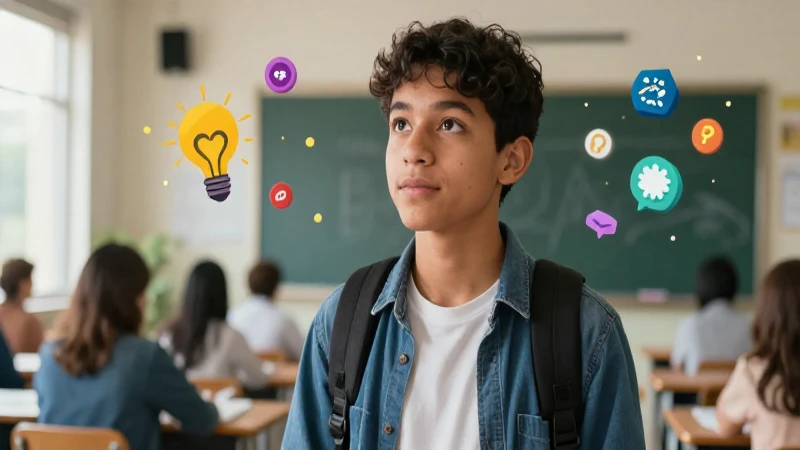 Joven estudiante mexicano con íconos de conocimiento flotando