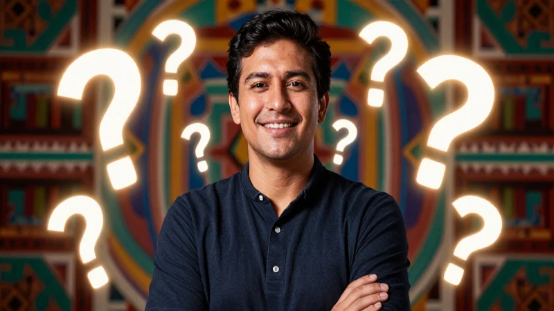 Estratega creativo vibrante rodeado de preguntas