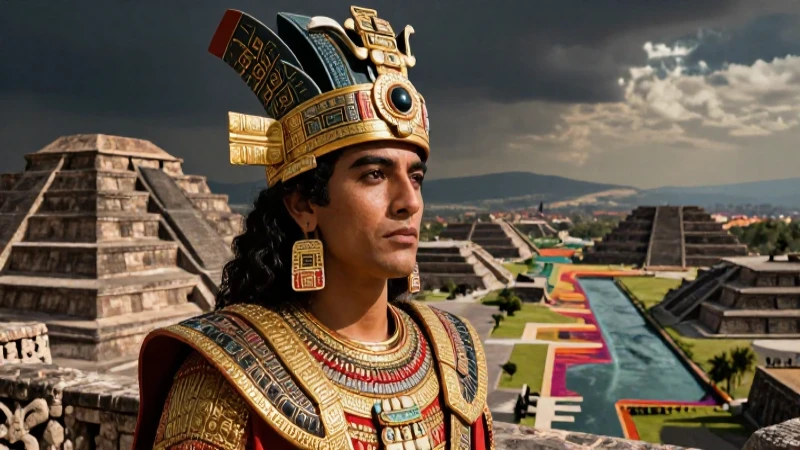 Nobleman azteca observa Tenochtitlan en esplendor ceremonial