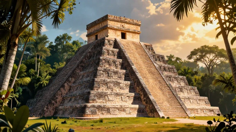 Pirámide mesoamericana majestuosa al atardecer