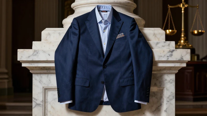 Chaqueta elegante en pedestal con simbolismo de justicia