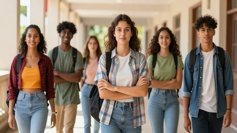 Estudiantes diversos y seguros en pasillo escolar