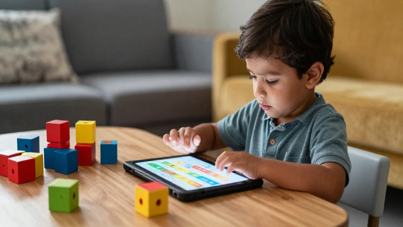 Niño mexicano aprende con tablet y bloques