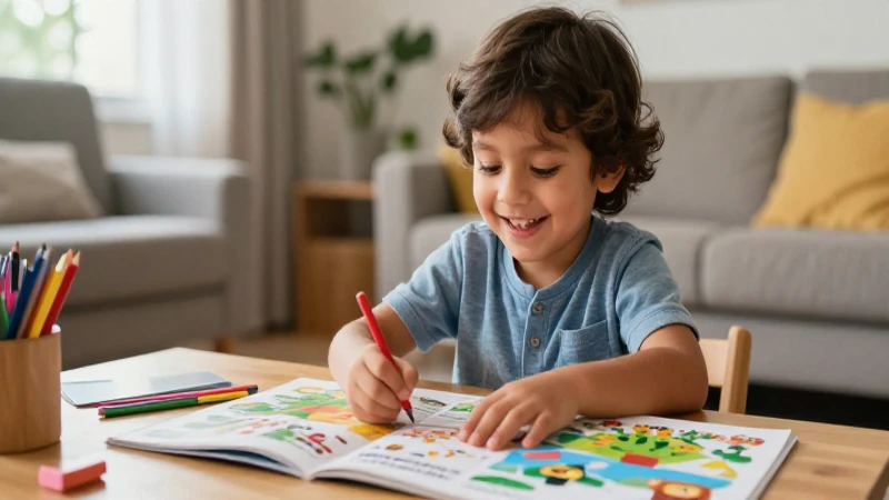 Niño sonriente aprende en hogar acogedor con estética vibrante