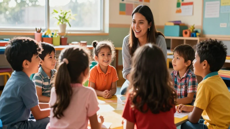 Niños sonrientes y educador en clase mexicana