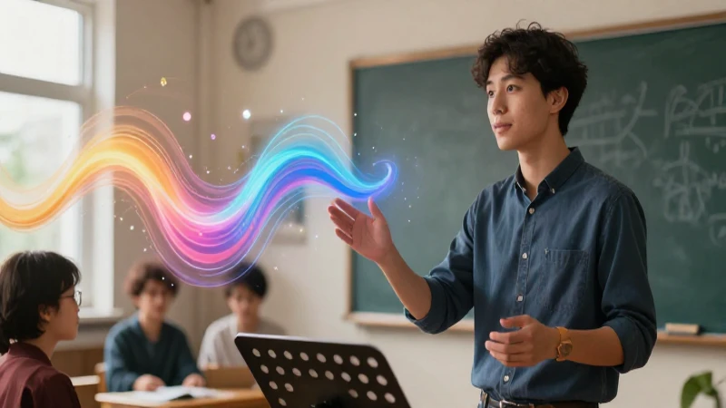 Ilustración dinámica de educador musical con ondas abstractas