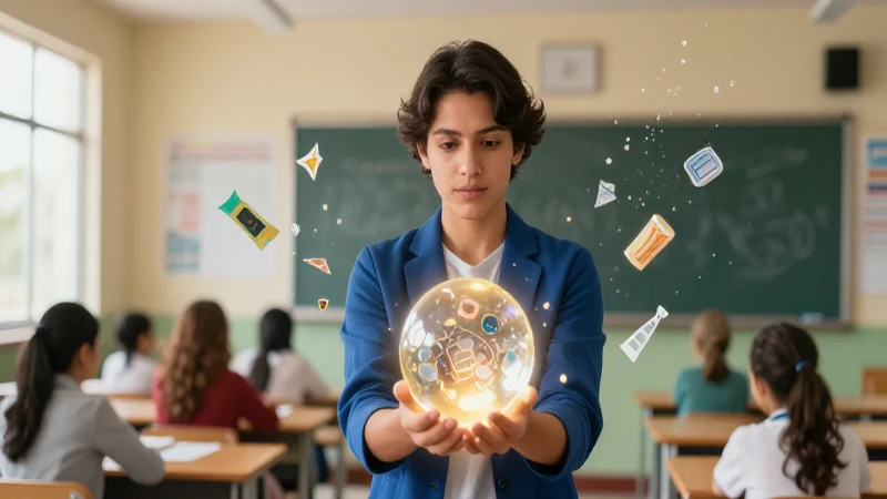 Educador con orbe de valores en aula moderna