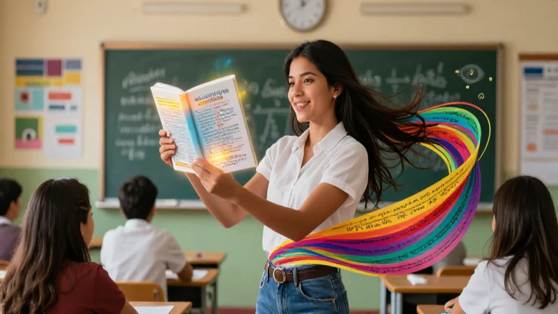 Clase mexicana vibrante con libro y gramática dinámica