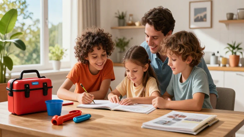 Familia feliz aprende en casa con kit de emergencia