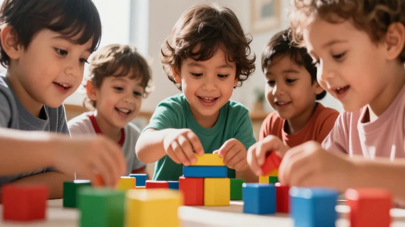 Niño mexicano feliz juega con bloques coloridos