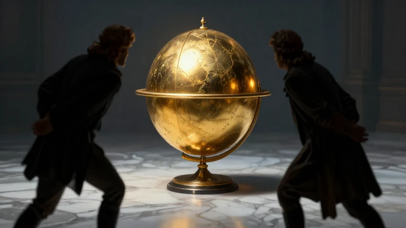 Newton y Galileo observando un orbe dorado