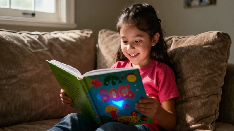Niño mexicano feliz jugando con libro mágico