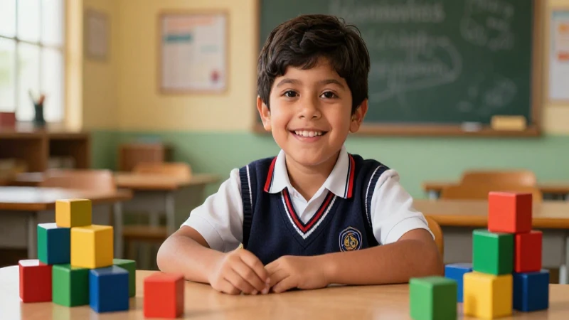 Estudiante mexicano feliz con bloques coloridos