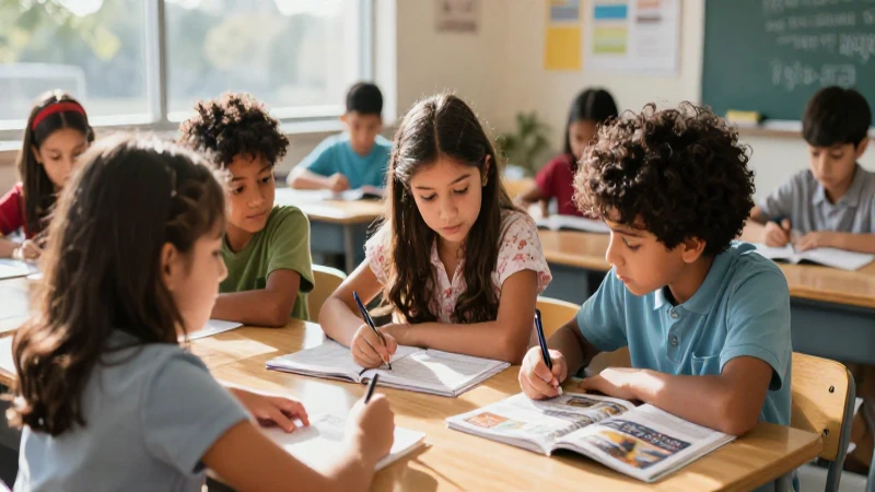 Niños diversos colaborando en un aula moderna