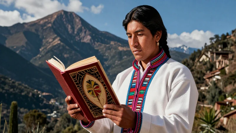 Hombre Tarahumara con libro en la sierra mexicana