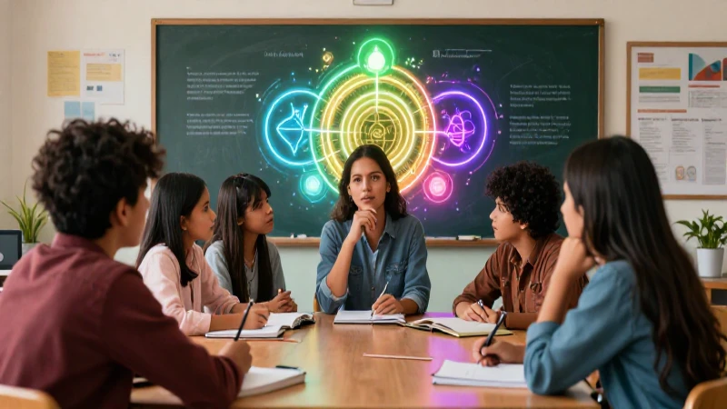 Educador reflexivo con estudiantes en un aula vibrante