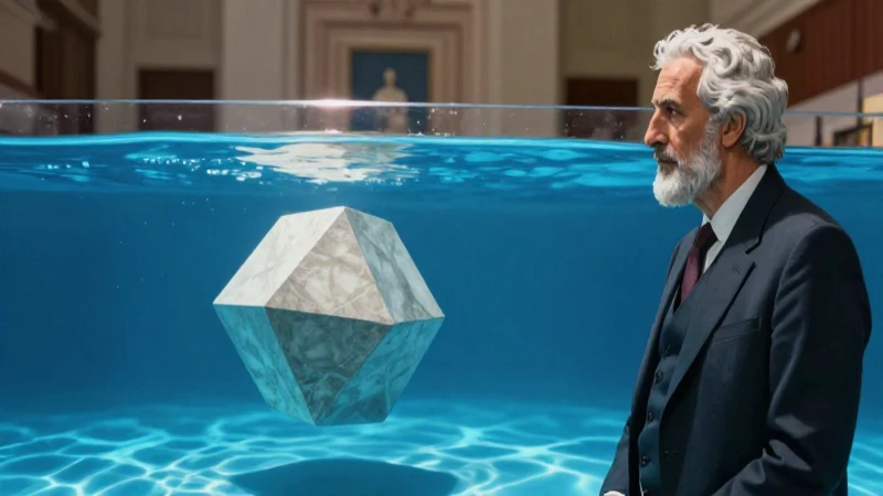 Principios de Arquímedes: Descubre el principio clave 3 Escudo geométrico en agua azul, estilo académico