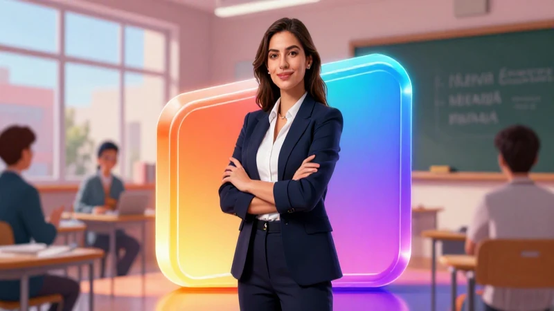 Profesora atractiva en vibrante escenario educativo