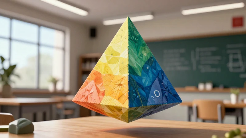 Pirámide 3D vibrante sobre un escritorio moderno