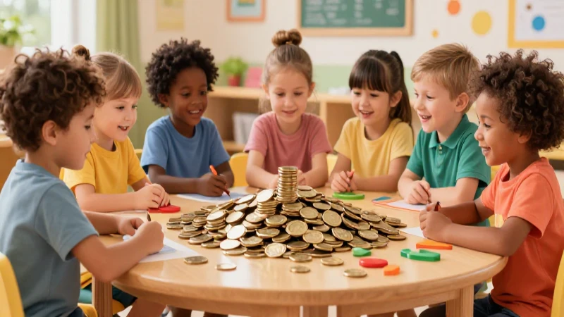 Ilustración vibrante de niños con monedas en una mesa