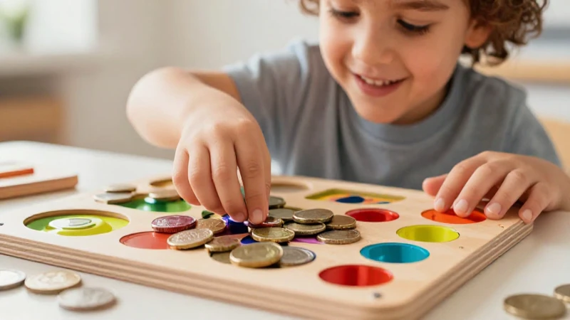 Niño feliz ordena monedas brillantes con concentración